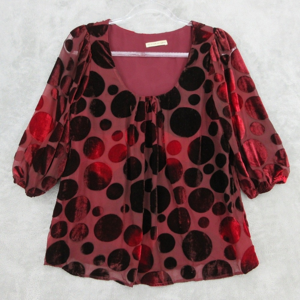 Ecologie Blouse Womens Small Polka Dot Velvet Burnout Sheer Puff Sleeve Relaxed